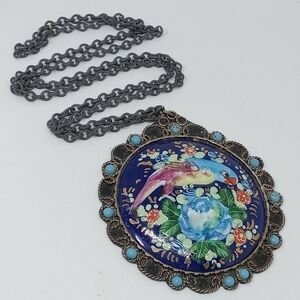 * antique vintage handpainted on metal large bird scene Persian? 29" necklace